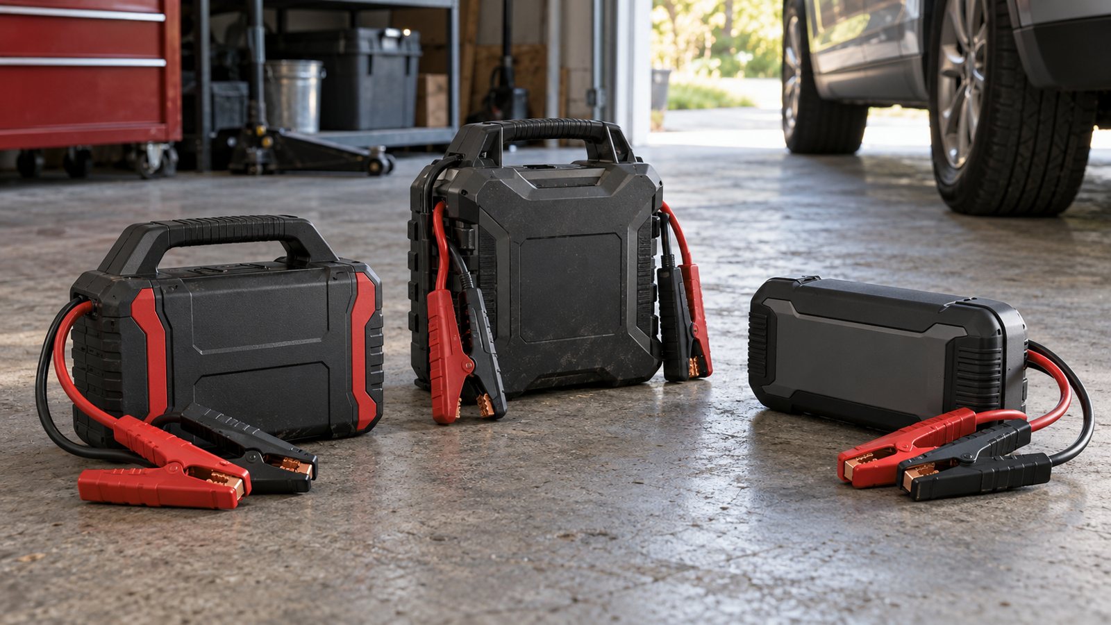 Portable jump starters on a garage workbench (illustrative)