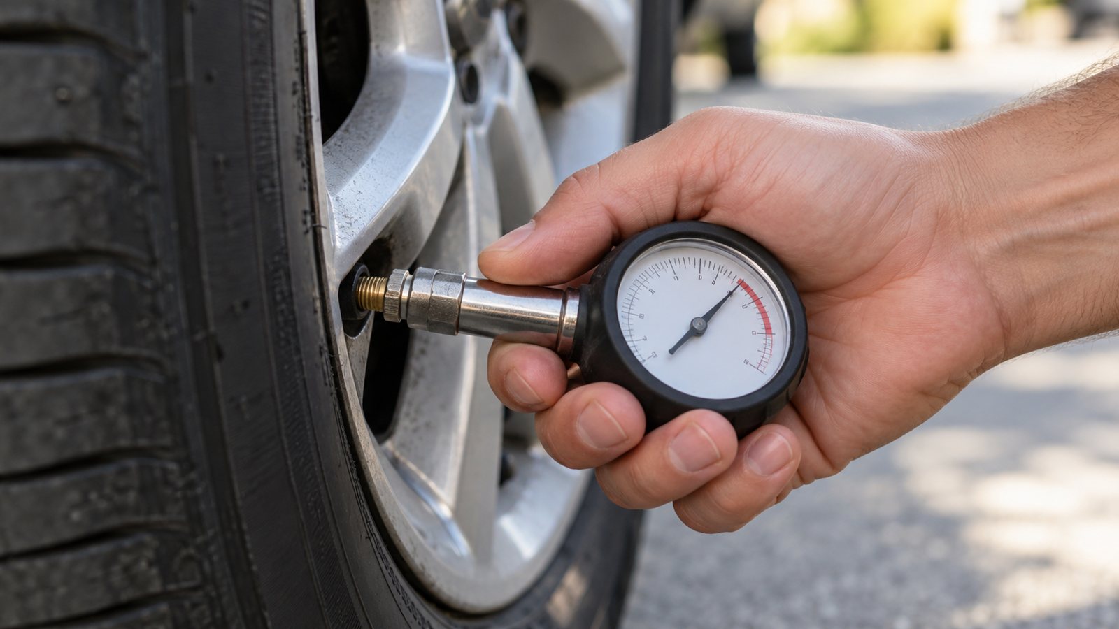 Checking tire pressure with a gauge (illustrative)
