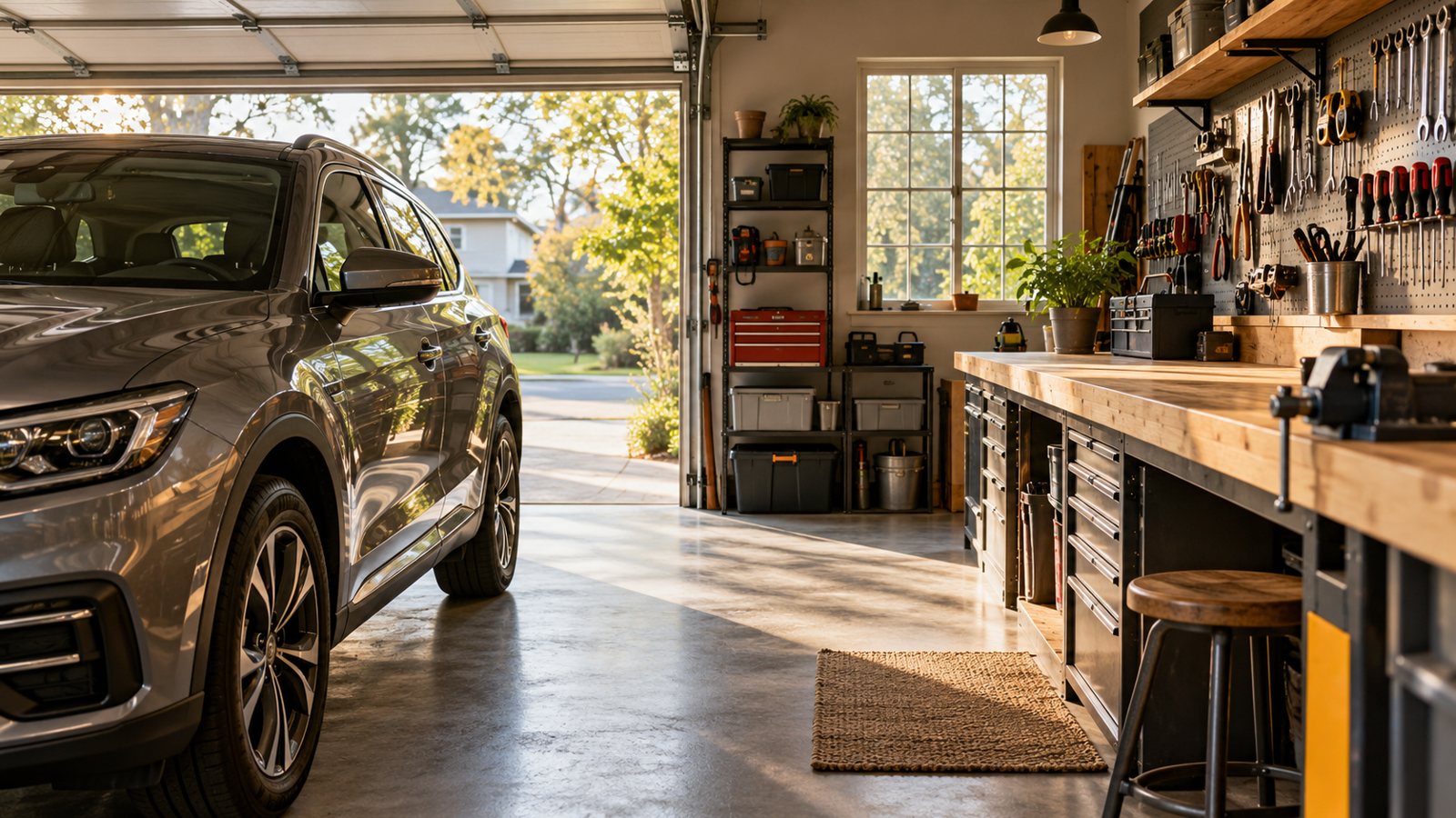 A tidy home garage with a car (illustrative)