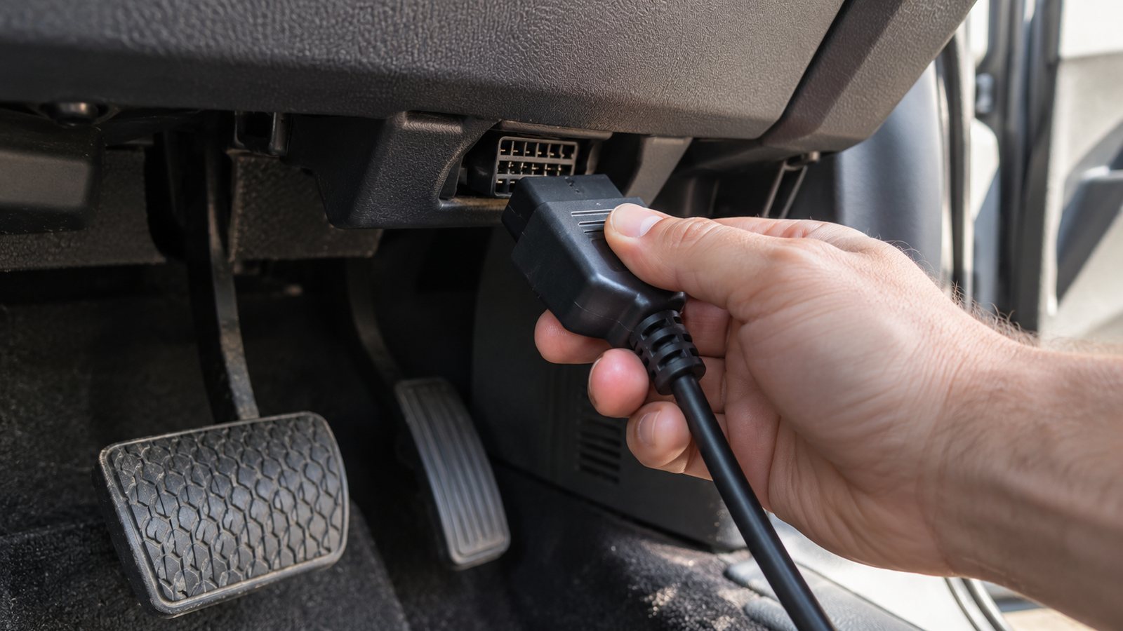 OBD2 scanner plugged in under a dashboard (illustrative)