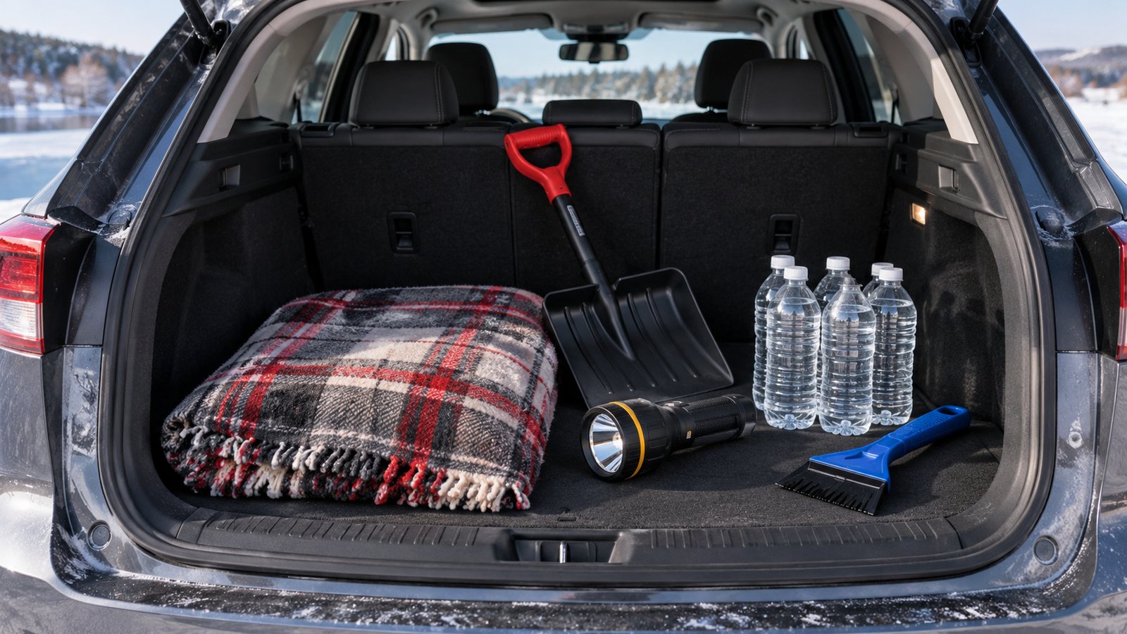 Winter emergency kit in a car trunk (illustrative)